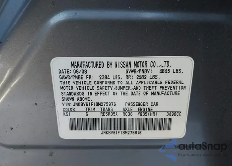 2008 Infiniti G35X from USA, damaged, VIN JNKBV61F18M275976